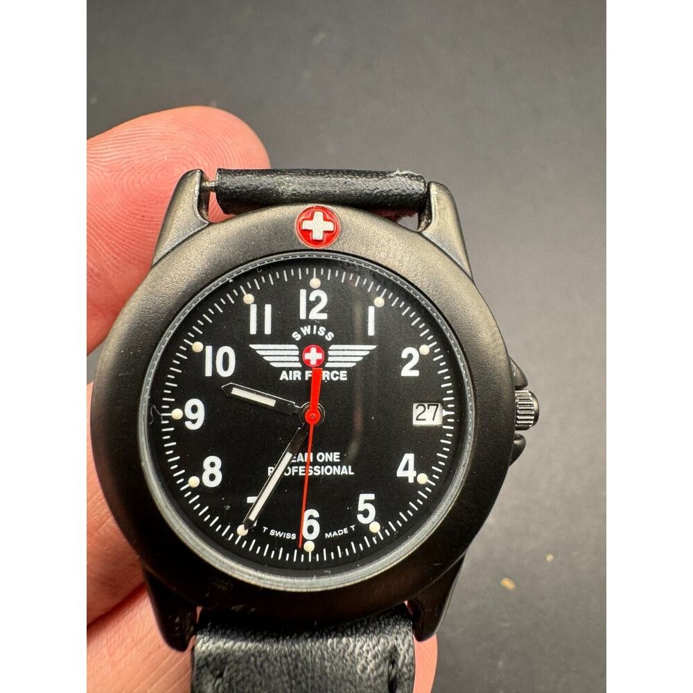 SWISS AIR FORCE Team One Professional Watch 100ft WR Black Dial Leather Band